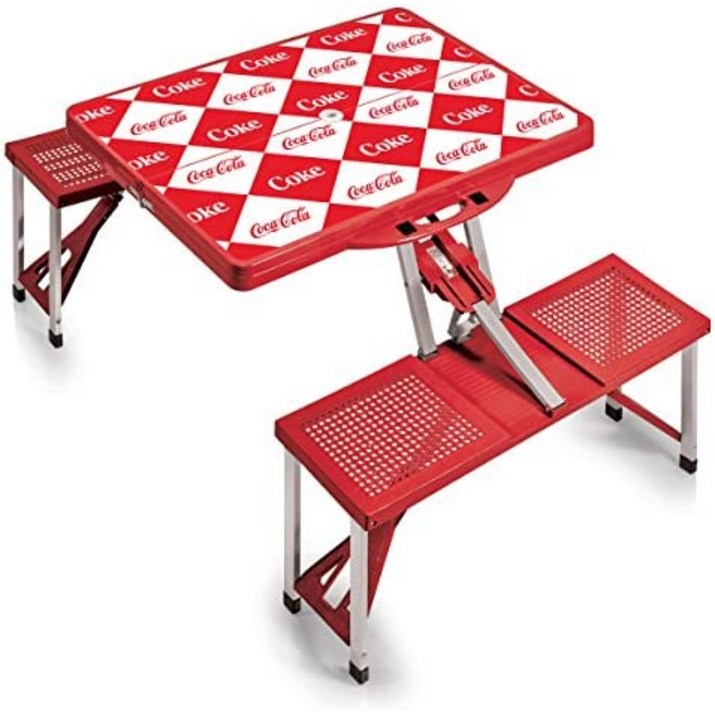 오니바  피크닉 타임 브랜드  코카콜라 체크 접이식 피크닉 테이블  캠핑 테이블  우산홀 아웃도어 테이블, 레드