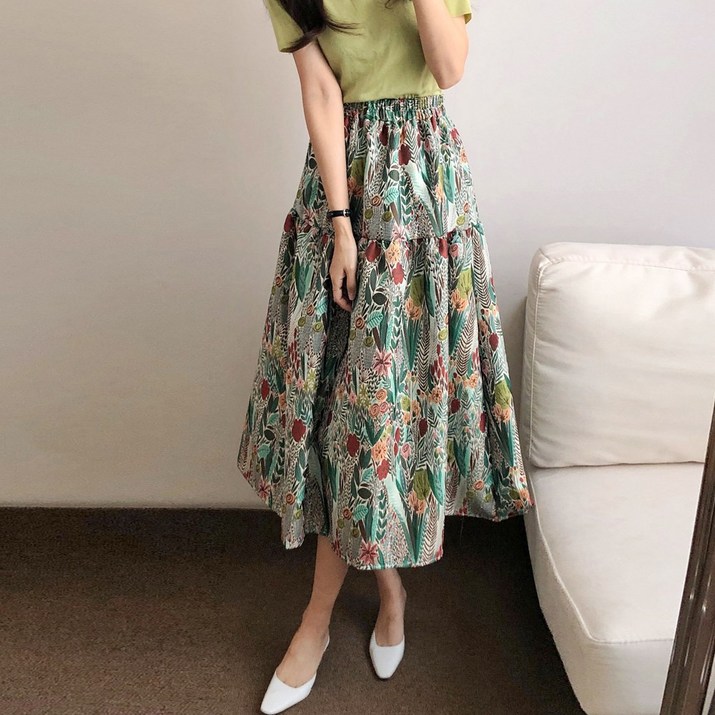 요시아나 당일발송 그린 플라워 자가드 플레어 밴딩 롱스커트