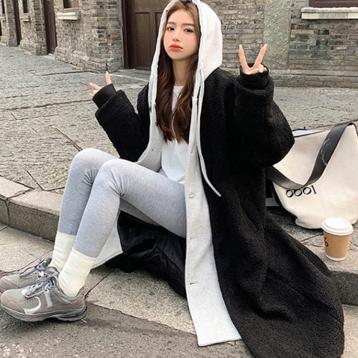 뽀그리 롱 일체형 후드 레이어드 자켓 가을 겨울 코트 여성 재킷 포근한 아우터
