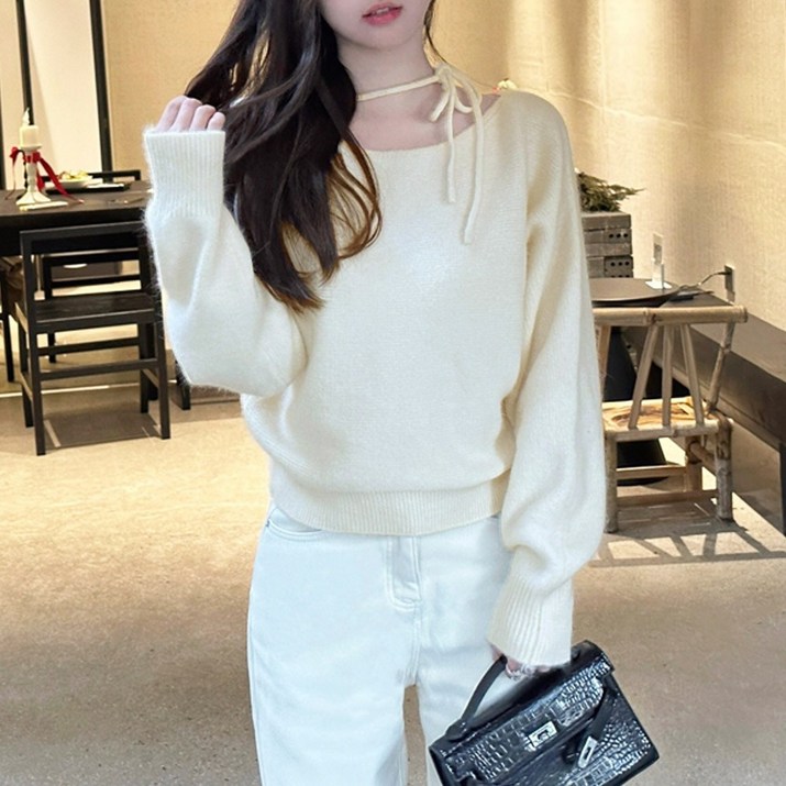 50시즌오프 한정수량세일 메이킹유 러블리무드주문폭주 긴팔 니트 언발 원숄더 보트넥 초커 리본 데이트룩 W92997리팡니트
