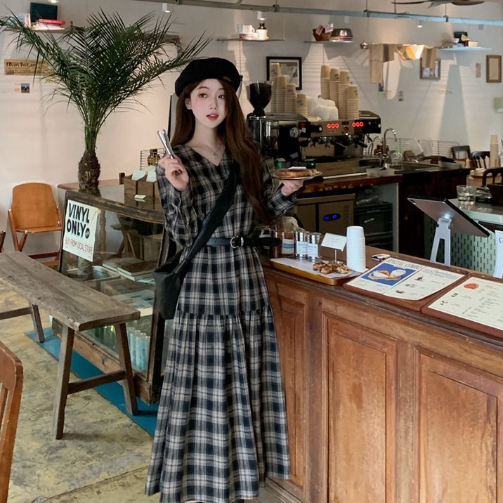 봄 가을 여성 롱 원피스 캐주얼 스타일 체크 패턴 롱 셔츠 원피스 패션 JS