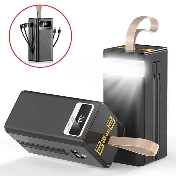 THOUSTA 대용량 보조배터리 60000mAh 고속충전PD 22.5W 멀티단자 케이블 내장 차박 여행 캠핑용 파워뱅크, 블랙, DX206