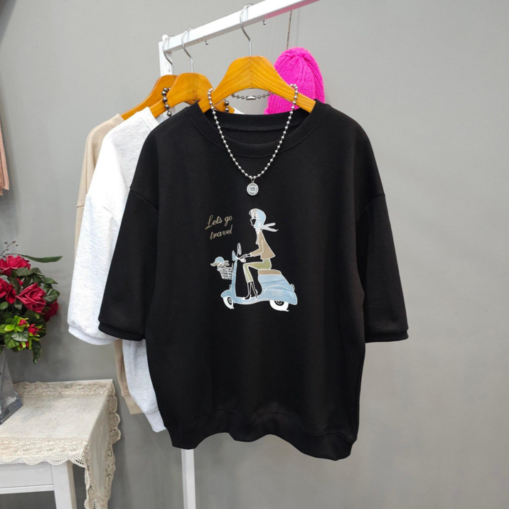 여성용 라운드넥 스쿠터 프린팅 면 7부소매 맨투맨티