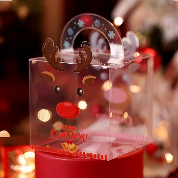체크스토리 크리스마스 선물 손잡이 포장박스 구디백 10개 PET 루돌프 트리 투명상자