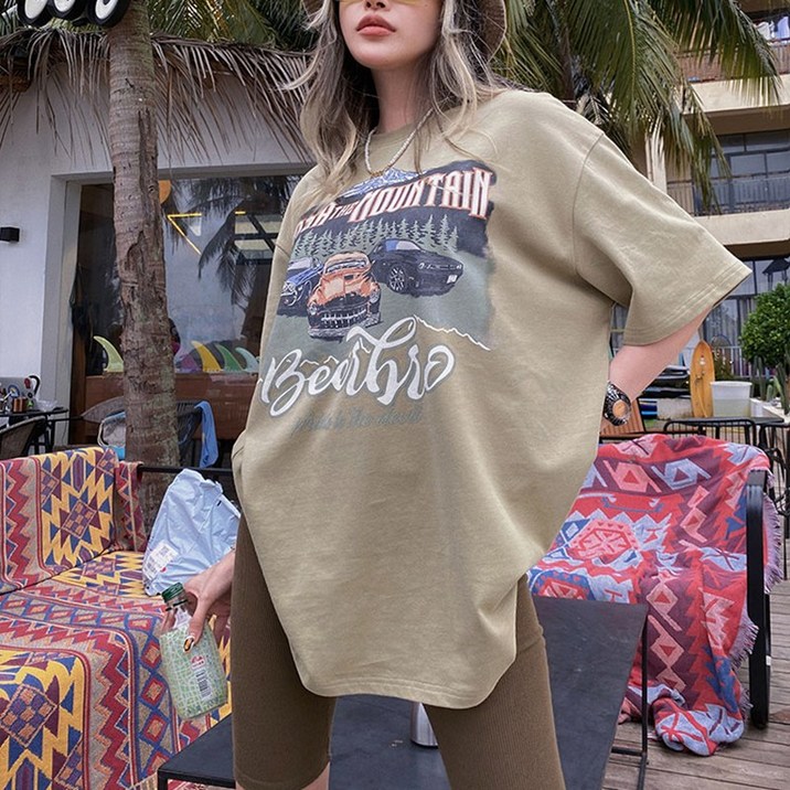 여자 오버핏 반팔티편안한 프린트 상의