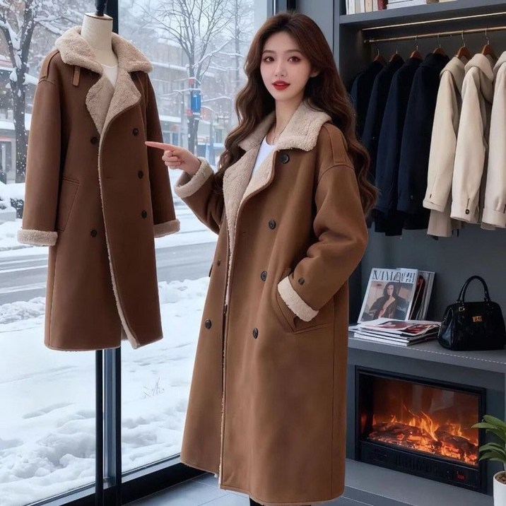 AOKADA 여성 겨울 메일라드 무스탕 스웨이드 하프 코트 도톰 캐주얼 아우터