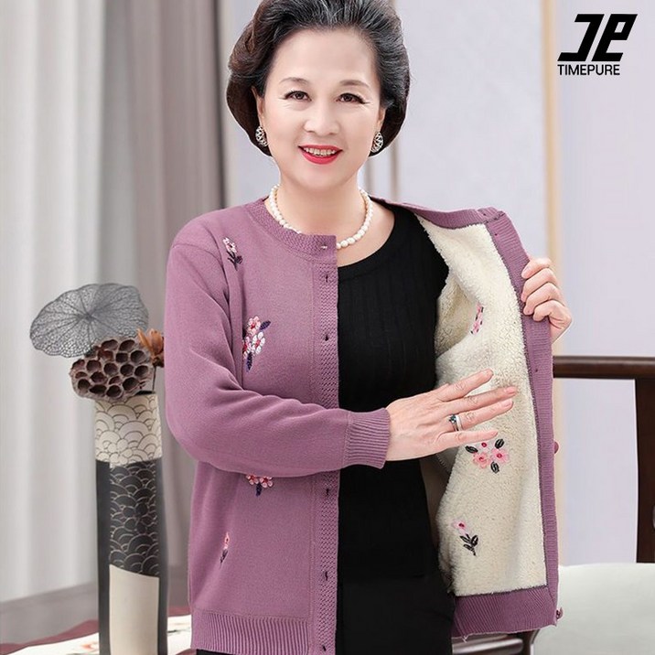 중장년층 고급 두 겹 플리스 카디건 가을 겨울 외투 기모 두꺼운 스웨터 엄마용 니트 할머니용 가을 의상 여성용 상의 겨울 의류 빅사이즈