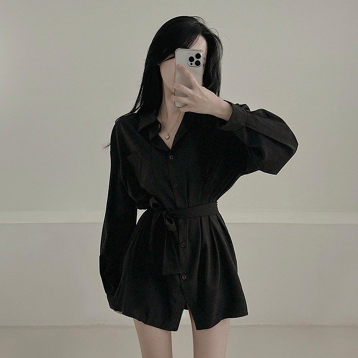 라라홀리 루즈 오버핏 허리 스트링 긴팔 원피스 셔츠