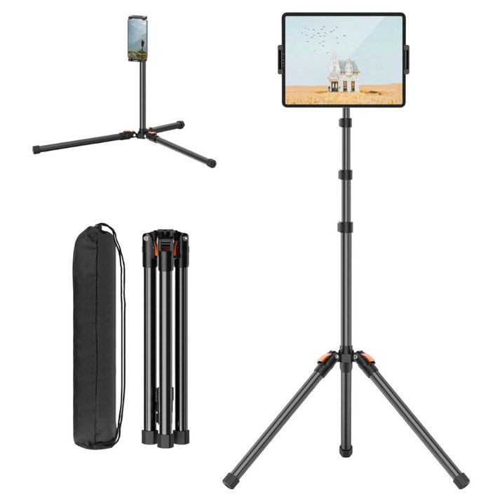 180cm 높이조절 접이식 태블릿 삼각대  360도 회전 클램프, 13인치 아이패드 갤럭시탭 호환, 파우치 포함 장대형 스탠드, 블랙