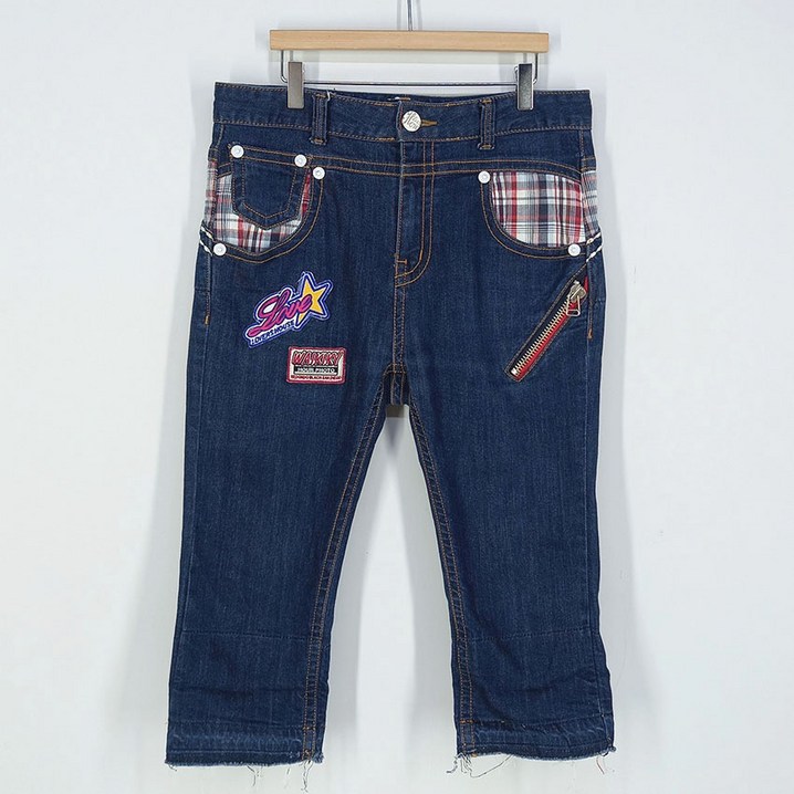 빈티지다온 하우룩 여 패치 7부 밑단체크롤업 데님팬츠 진청M