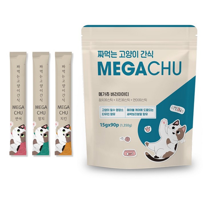 메가츄 짜먹는 츄르 고양이간식 90스틱 대용량, 연어치킨참치, 15g, 90개