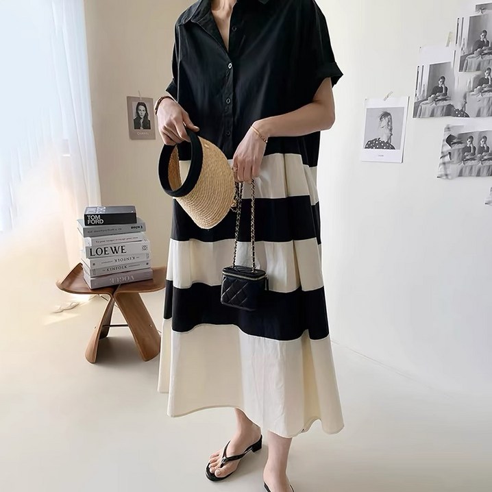 KDNC 여름 반팔 셔츠형 원피스 루즈핏 A라인 부드러운 롱 원피스 순면 카라넥 여성치마 데일리룩