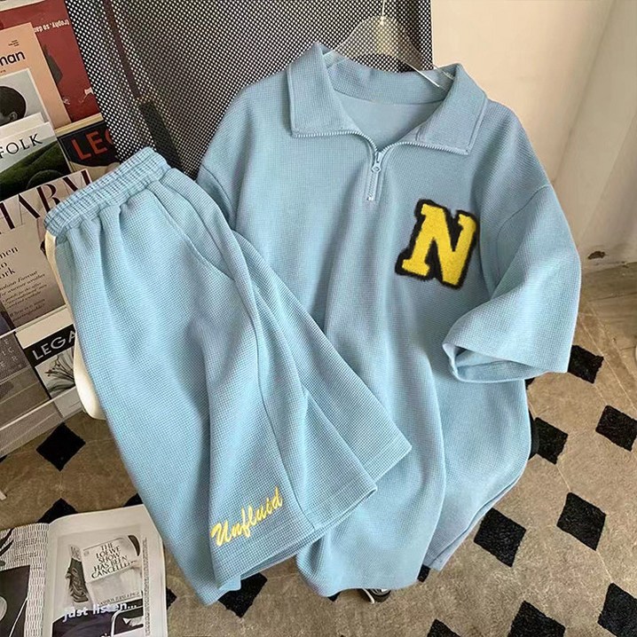 남여공용 엔로고 카라 와플패턴 반팔 반바지 세트4color 상하세트