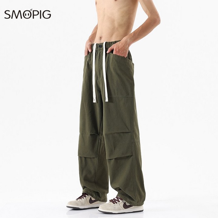 SMOPIG 와이드 팬츠 순면으로 만든 오버사이즈 포켓 널찍하다 카고바지 바짓가랑이 스트링 조거팬츠 SMOPIG 와이드 팬츠 순면으로 만든 오버사이즈 포켓 널찍하다 카고바지 바짓가랑이 스트링 조거팬츠