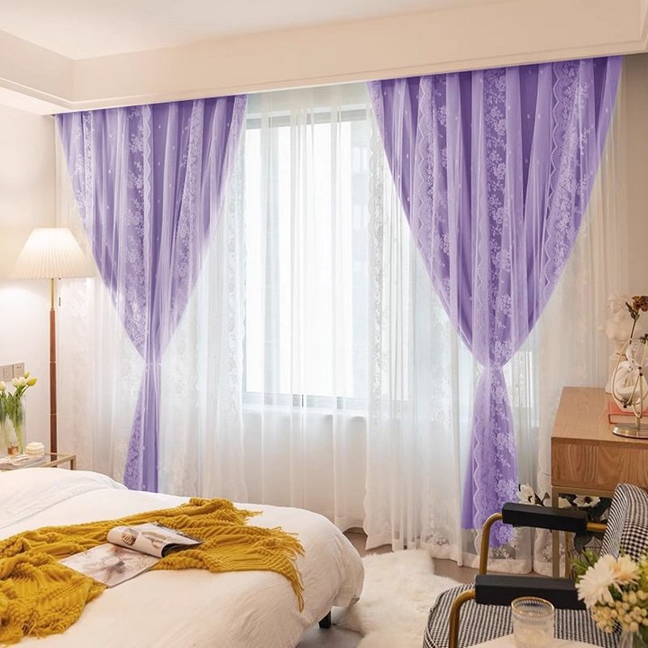 엑스터 아일렛형 프렌치 레이스 커튼 + 이중 암막 커튼 세트