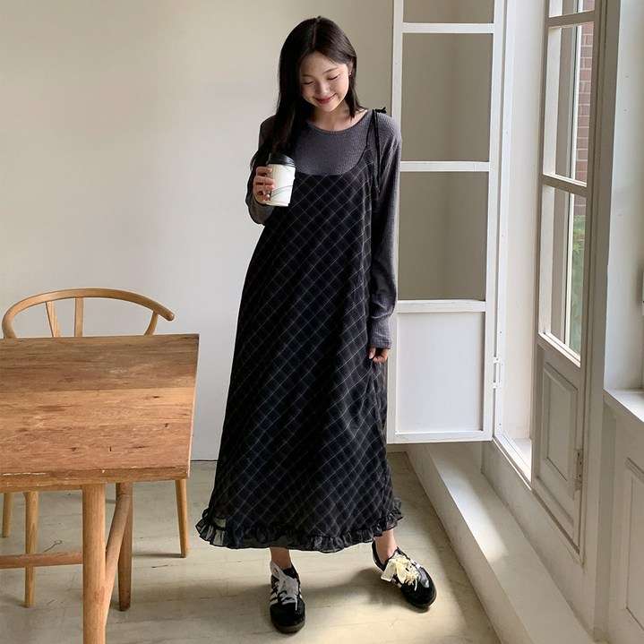 [55-110] 쉬폰 체크 프릴 끈 원피스 여성 빅사이즈 여자 플러스사이즈