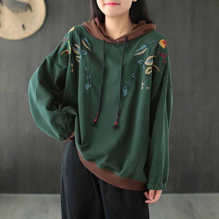 AOKADA 여성 봄 가을 루즈핏 자수 맨투맨 후드티 트레이닝 상의