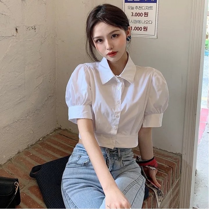 예쁨시전 여성 슬림 숏 퍼프 반팔 카라 셔츠
