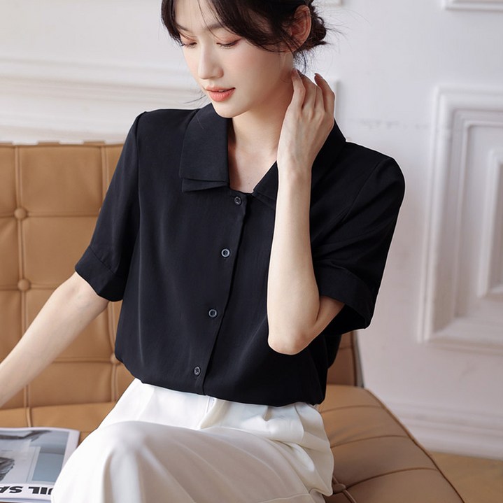 오로라 빈티지 칼라 슬림 셔츠 여름 얇은 반팔 블라우스 무지 셔츠