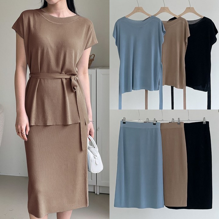 3컬러) 니트코어 여름 시원한 찰랑 페미닌 보트넥 벨트 니트 밴딩 스커트 투피스 셋업 원피스 하객룩 하객원피스 등하원룩