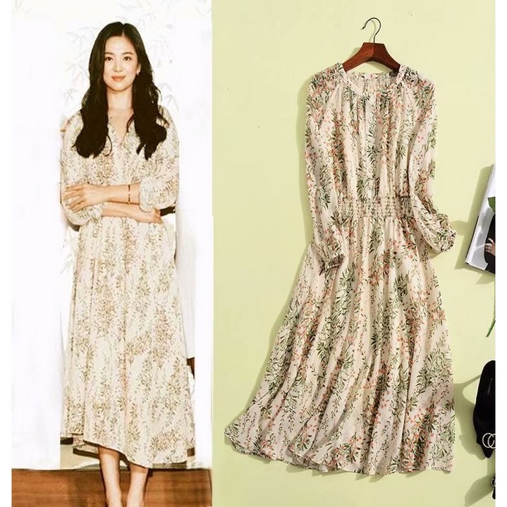 송혜교 스타 동일 2021 여름 여성 프리미엄 명 품 긴팔 프린트 원피스 평소에 입 을 수 있다