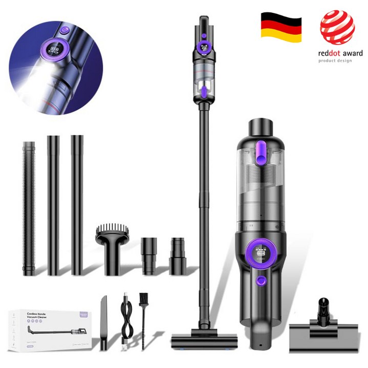 [국내발송]RichMagic 독일 16000pa브러시리스 더블 모터 강흡입력 디지털 디스플레이 LED 가정용 차량용 다용도 멀티 청소기, 흑자주색