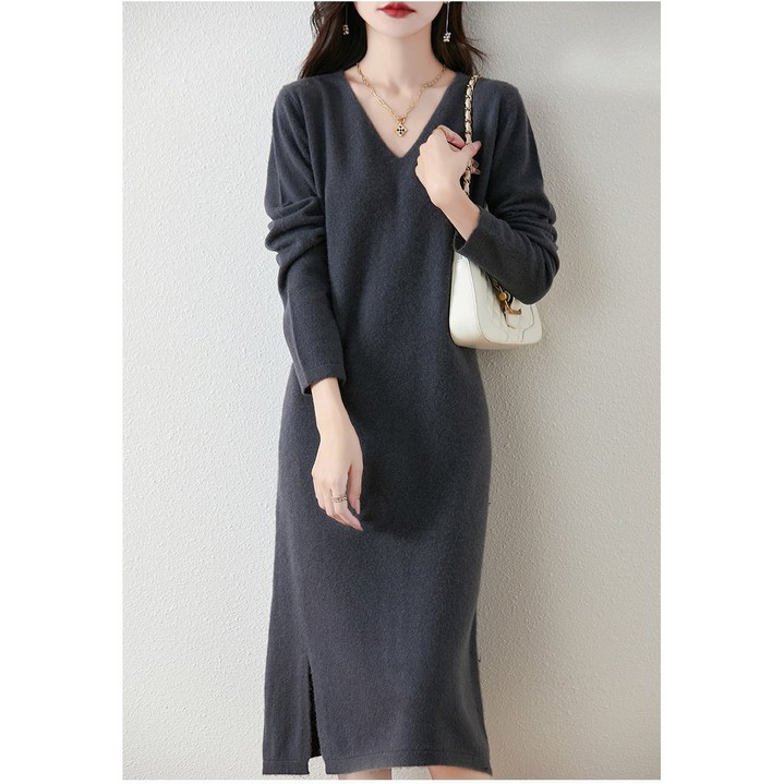 MINA STYLE 브이넥 원피스 니트 롱 옆트임 여성 긴팔 데일리룩