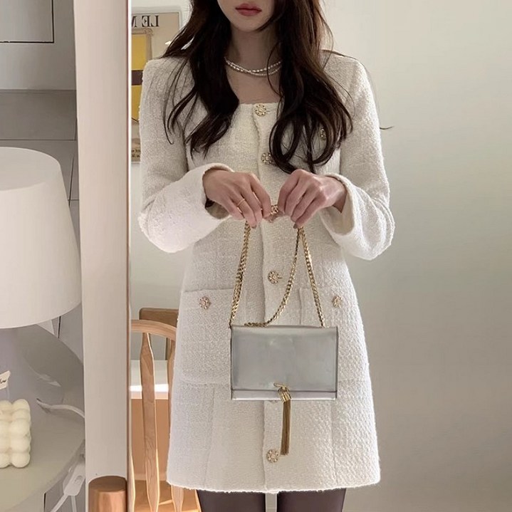 에이진 스퀘어넥 트위드 긴팔 미니 원피스 2colors
