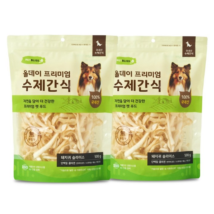 펫블리스 프리미엄 올데이 스틱 강아지 수제간식, 2개, 500g, 돼지귀 슬라이스