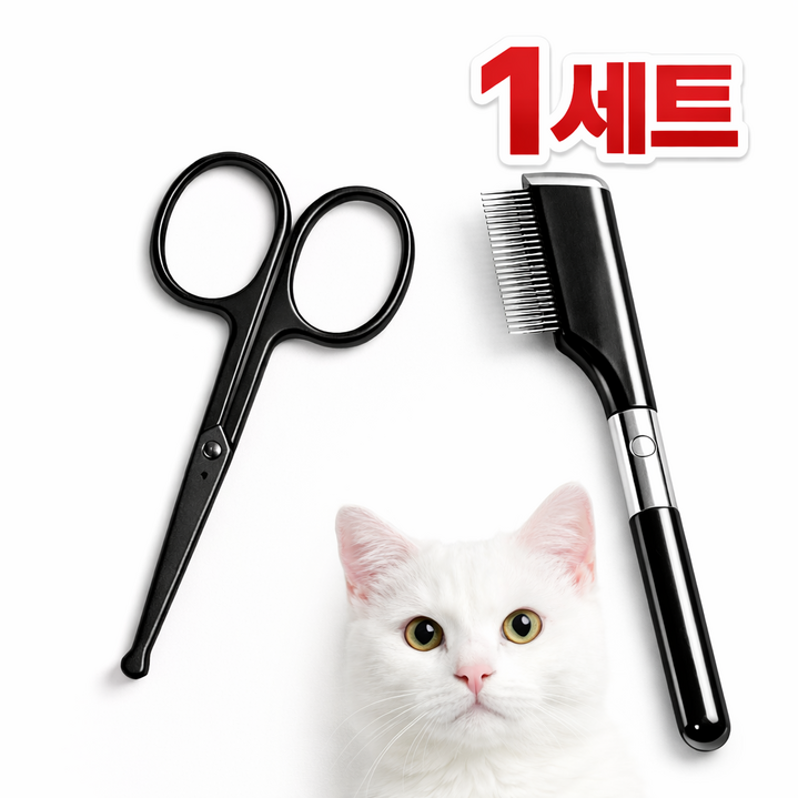 아우라펫 강아지 고양이 눈꼽빗 눈물자국 제거 브러쉬 미용 가위 세트, 1세트, 블랙