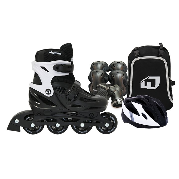 인라인 휠러스 아동용 에이스2 인라인스케이트 + 가방 + 보호대 + 헬멧 콤보 세트, 블랙