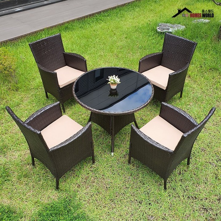 홈스월드 라탄 야외 테이블 의자 세트 다크브라운, 02.라탄테이블의자세트-다크브라운(원형4인)