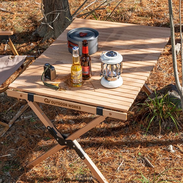 캠핑원목테이블 아웃도어웍스 캠핑 테이블 접이식 높이조절 원목 우드롤 캠핑용 롤테이블, 우드베이지
