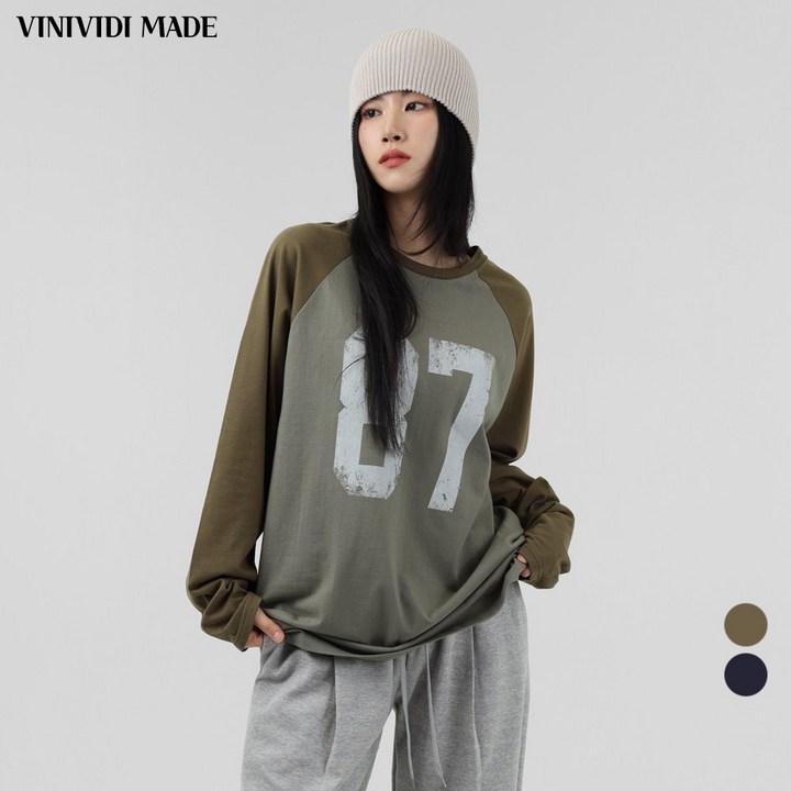 VINIVIDI 자체제작 여성 빈티지 숫자 프린팅 배색 나그랑 라운드 데일리 긴팔 티셔츠 VINIVIDI 자체제작 여성 빈티지 숫자 프린팅 배색 나그랑 라운드 데일리 긴팔 티셔츠