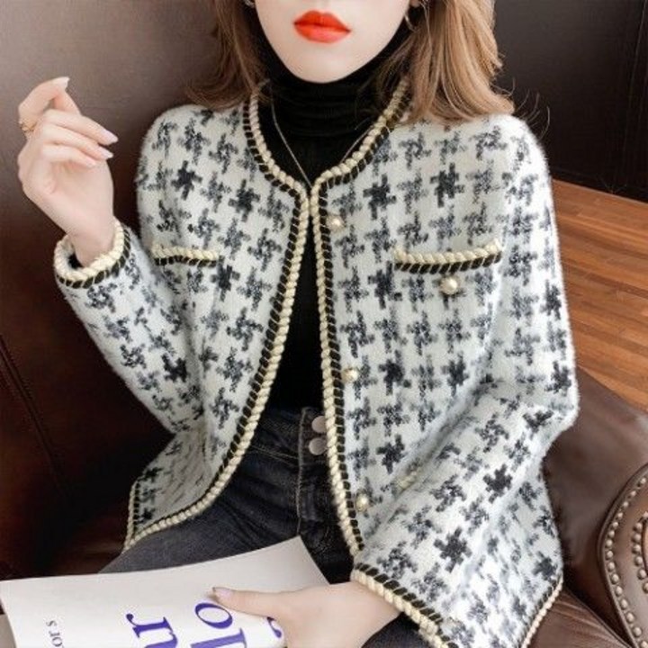 세이즈 트위드 여성자켓 모직 코트 여성의 봄과 가을 새로운 작은 향기로운 바람 카디건 스웨터 느슨한 외부 착용 긴 소매 짧은 코트 CUTE QUEEN