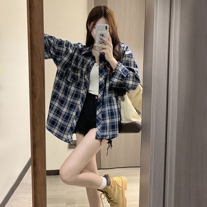 Novastar 여성 체크 남방 루즈핏 긴팔 레트로 체크 셔츠 자켓 Novastar 여성 체크 남방 루즈핏 긴팔 레트로 체크 셔츠 자켓