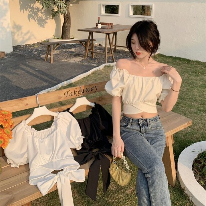 오프숄더 크롭 블라우스 퍼프소매 티셔츠 셔츠 반팔 셔링 리본블라우스
