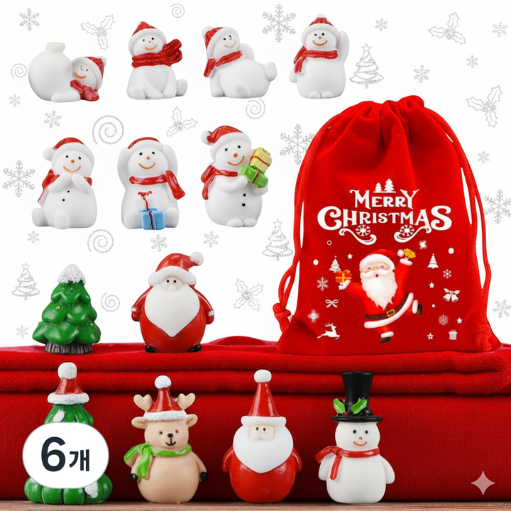 산타 눈사람 트리 미니어처 세트 크리스마스 장식 선물 주머니, 6개, 미니어처세트