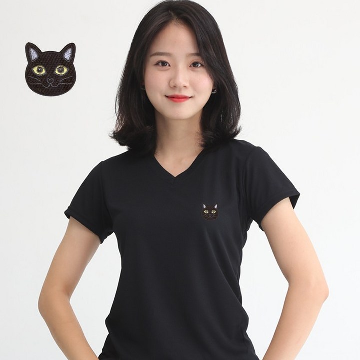 면접원피스 멋지군 코오롱 쿨론 기능성 브이넥 여성 고양이 자수 반팔 티셔츠