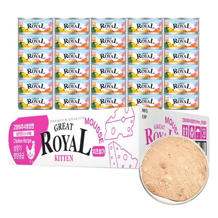 프리미엄로얄 키튼 그레이트 치즈 무스 주식캔, 닭, 60g, 30개