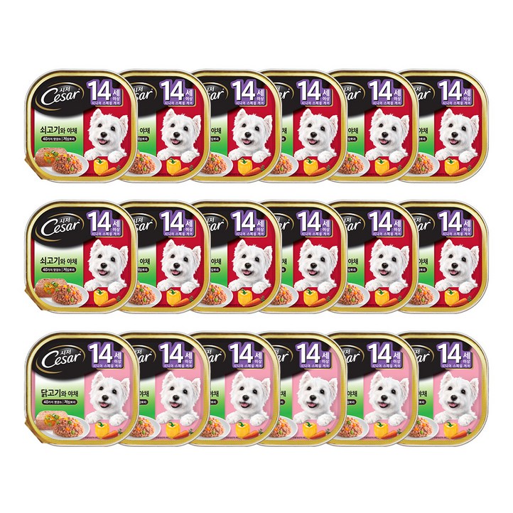시저 14세 이상 시니어 강아지 버라이어티팩 주식캔 쇠고기 12p  닭고기 6p