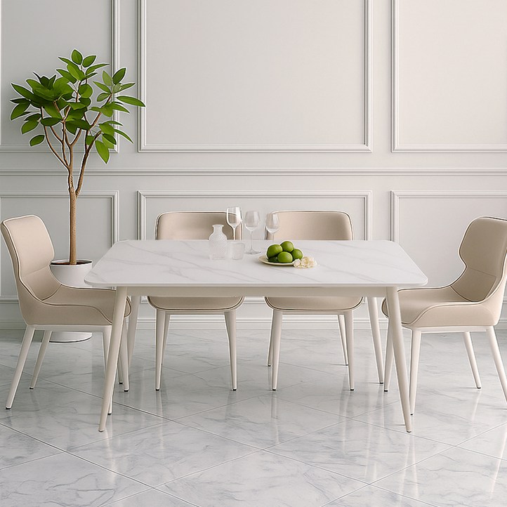 코지라움 화이트에디션 포세린 통 세라믹 식탁세트 4인용 테이블 1400  의자 방문설치