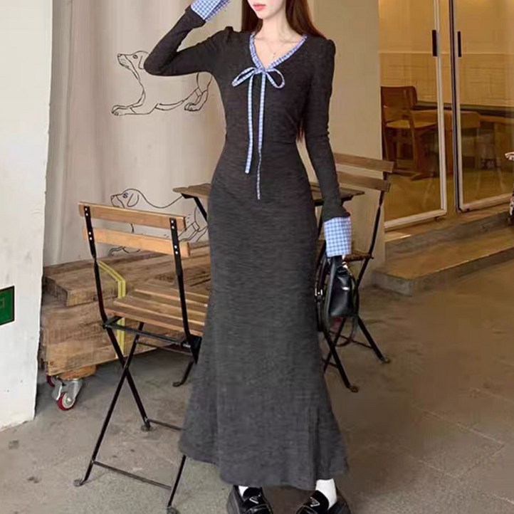 구디프 여성용 배색 리본 브이넥 슬림핏 롱 데일리룩 니트원피스
