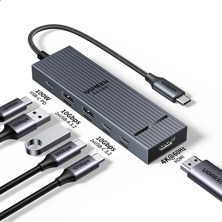 UGREEN 유그린 10Gbps USB 3.2 Gen2 C타입 멀티 허브 4K60Hz 디스플레이 지원 6 in 1 USBC 어댑터 고속 전송 지원