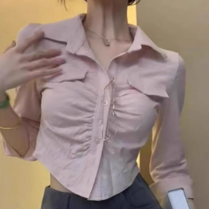 나인클로젯 셔링 주름 크롭 여성 셔츠 봄 가을 짧은 블라우스 배꼽티