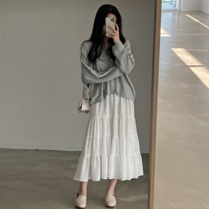 비즈로그인 쉬폰 캉캉 밴딩 롱 스커트 2color