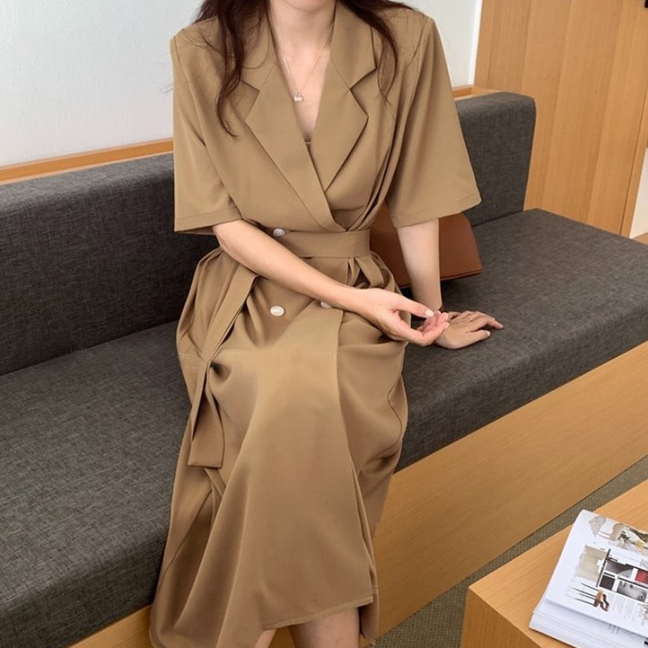 더블 버튼 롱 반팔 원피스 카라넥 스트랩 더블 버튼 롱 반팔 원피스 카라넥 스트랩