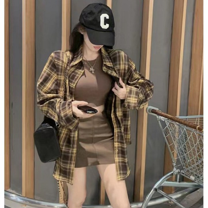 슬림소녀 여성 가을 캐주얼 루즈핏 체크 긴팔 셔츠 체크 남방 셔츠