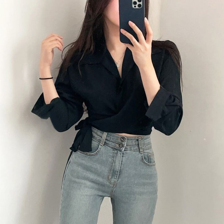 메이킹유 긴팔셔츠 카라넥 랩 크롭 뒷리본포인트 8636레아나블라우스