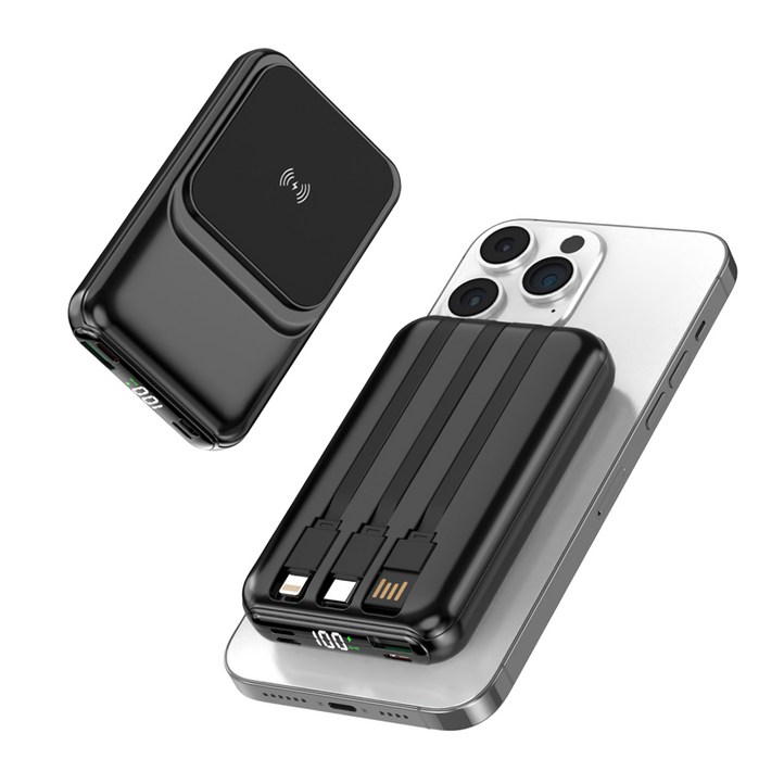 맥세이프 보조배터리 대용량 20000mAh 15W무선PD22.5W 고속충전 케이블 일체형 LCD잔량표시, 블랙 맥세이프 보조배터리 대용량 20000mAh 15W무선PD22.5W 고속충전 케이블 일체형 LCD잔량표시, 블랙